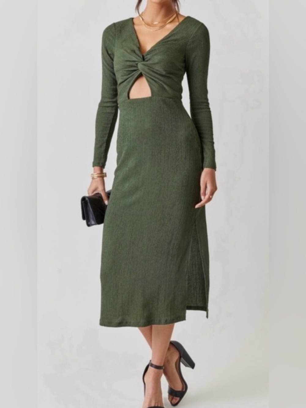 Twist-Front Olive Green Long Sleeve Midi Dress- New, Large
